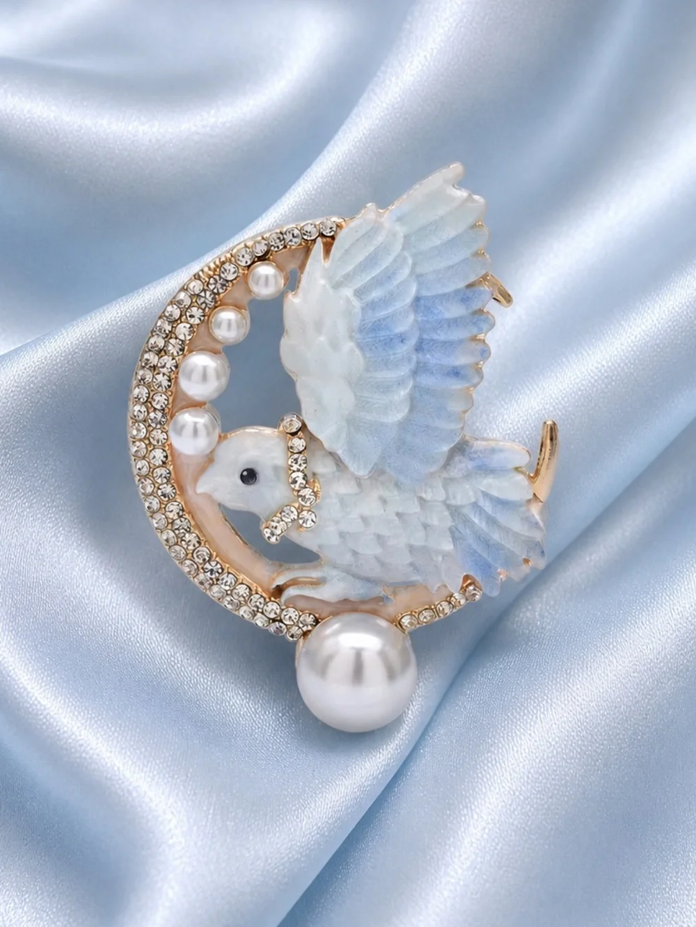 Celestial Classy White Bird Pearl Crystal Gold Brooch